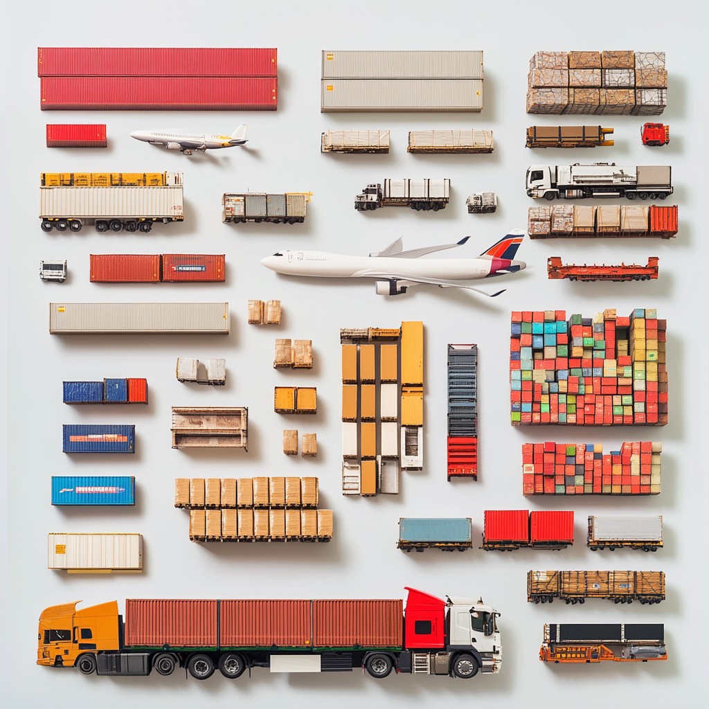 An organized layout of shipping containers, trucks, planes, and cargo, representing global supply chain management.